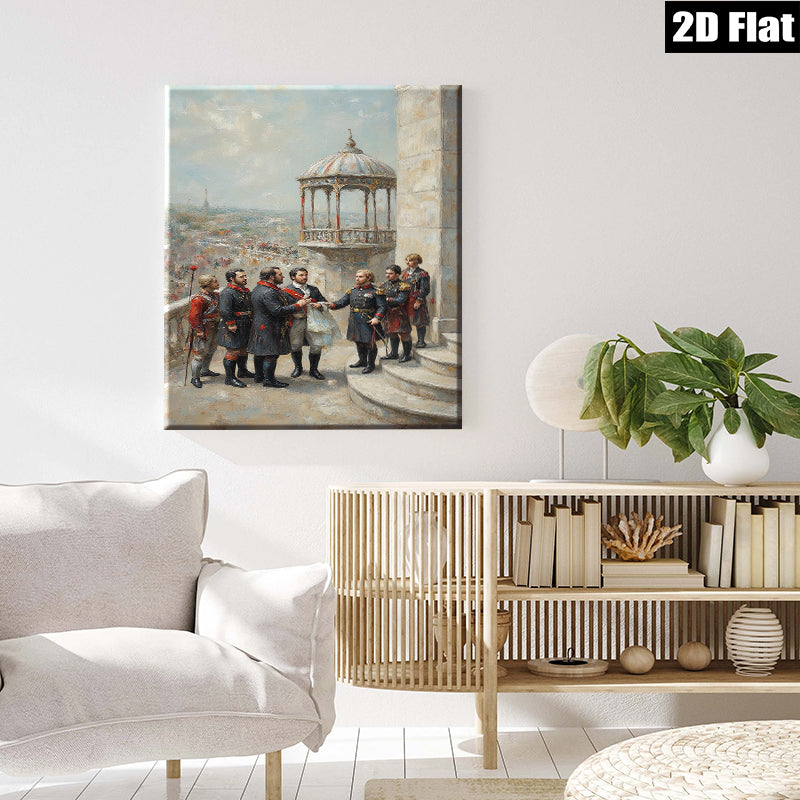 2D flat 1pc Historical Scene Military Leaders Exchange Treaty Grand Canvas Wall Art Living Room Decor Bedroom Gallery Wrapped Modern Farmhouse Style