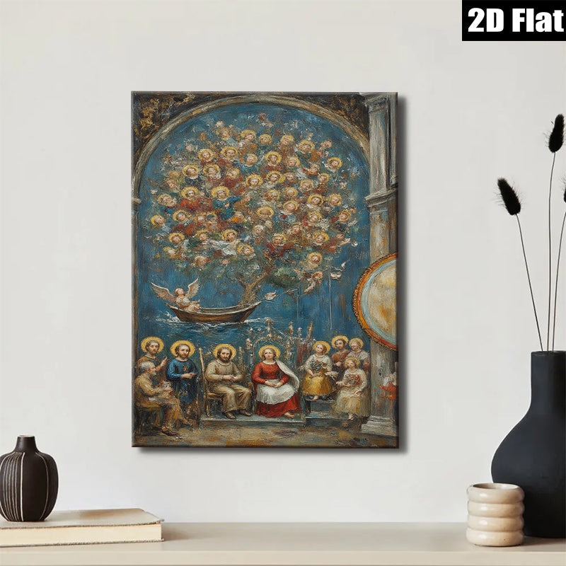 2D flat 1pc Holy Family with Angelic Vision Baroque Style Wall Art Religious Home Decor Living Room Bedroom Gallery Wrapped Canvas Prints Modern Farmhouse Artwork