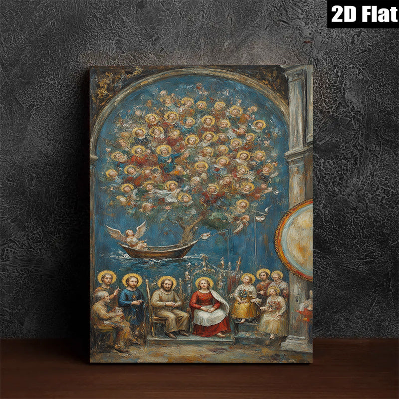 2D flat 1pc Holy Family with Angelic Vision Baroque Style Wall Art Religious Home Decor Living Room Bedroom Gallery Wrapped Canvas Prints Modern Farmhouse Artwork