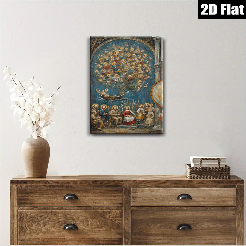 2D flat 1pc Holy Family with Angelic Vision Baroque Style Wall Art Religious Home Decor Living Room Bedroom Gallery Wrapped Canvas Prints Modern Farmhouse Artwork