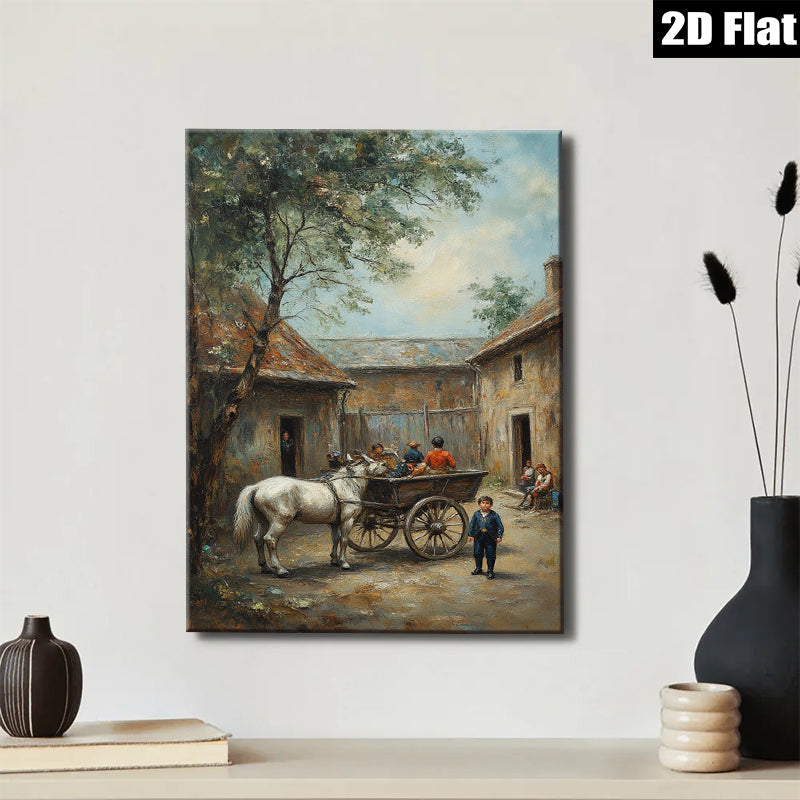 2D flat 1pc Horse Drawn Carriage Village Scene Pastoral Country Life Wall Decor for Living Room Bedroom Office Gallery Wrapped Canvas Prints Modern Farmhouse Style