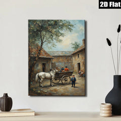 2D flat 1pc Horse Drawn Carriage Village Scene Pastoral Country Life Wall Decor for Living Room Bedroom Office Gallery Wrapped Canvas Prints Modern Farmhouse Style