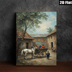 2D flat 1pc Horse Drawn Carriage Village Scene Pastoral Country Life Wall Decor for Living Room Bedroom Office Gallery Wrapped Canvas Prints Modern Farmhouse Style