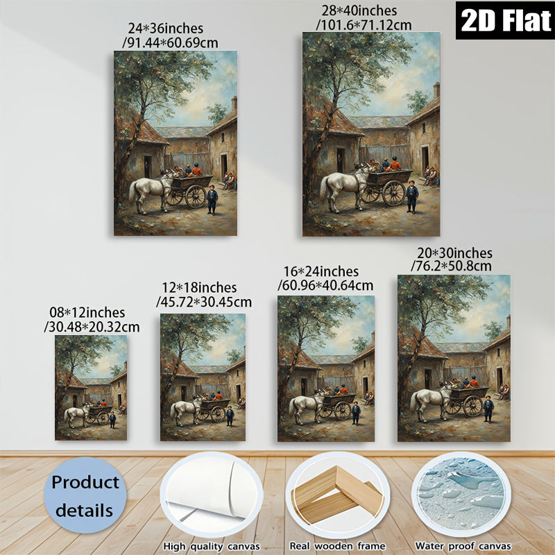 2D flat 1pc Horse Drawn Carriage Village Scene Pastoral Country Life Wall Decor for Living Room Bedroom Office Gallery Wrapped Canvas Prints Modern Farmhouse Style