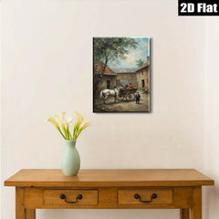 2D flat 1pc Horse Drawn Carriage Village Scene Pastoral Country Life Wall Decor for Living Room Bedroom Office Gallery Wrapped Canvas Prints Modern Farmhouse Style
