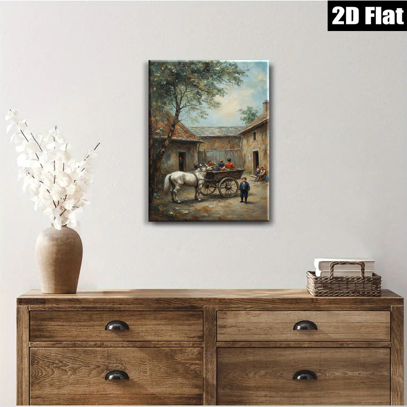 2D flat 1pc Horse Drawn Carriage Village Scene Pastoral Country Life Wall Decor for Living Room Bedroom Office Gallery Wrapped Canvas Prints Modern Farmhouse Style