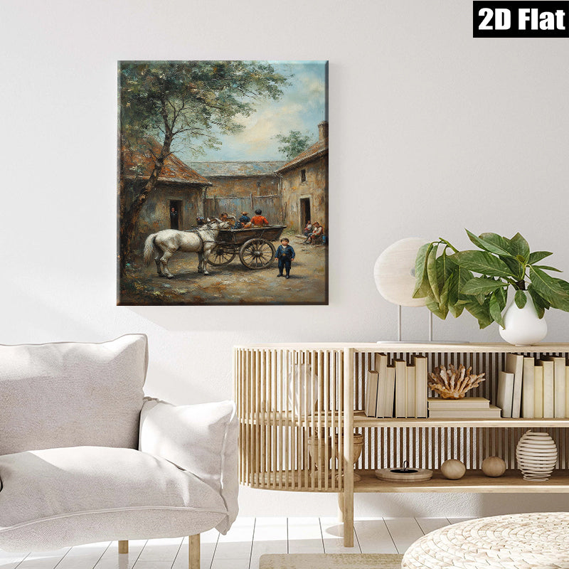 2D flat 1pc Horse Drawn Carriage Village Scene Pastoral Country Life Wall Decor for Living Room Bedroom Office Gallery Wrapped Canvas Prints Modern Farmhouse Style