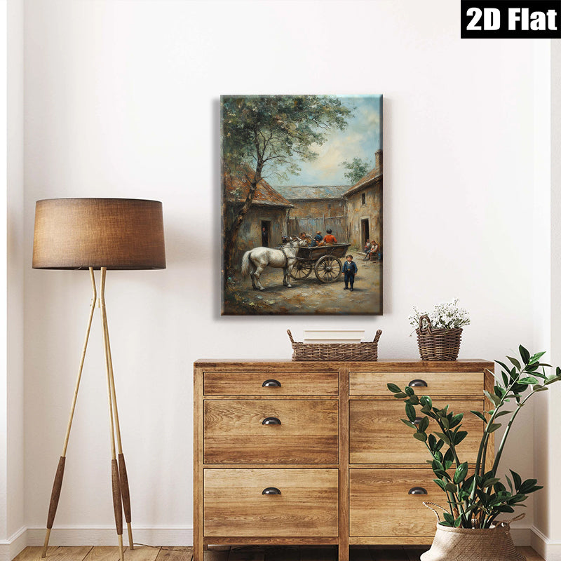 2D flat 1pc Horse Drawn Carriage Village Scene Pastoral Country Life Wall Decor for Living Room Bedroom Office Gallery Wrapped Canvas Prints Modern Farmhouse Style