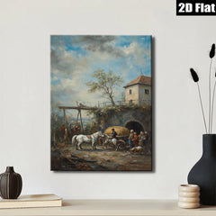 2D flat 1pc Horse Drawn Cart Village Scene Pastoral Country Wall Art Decor for Living Room Bedroom Office Gallery Wrapped Canvas Prints Farmhouse Style