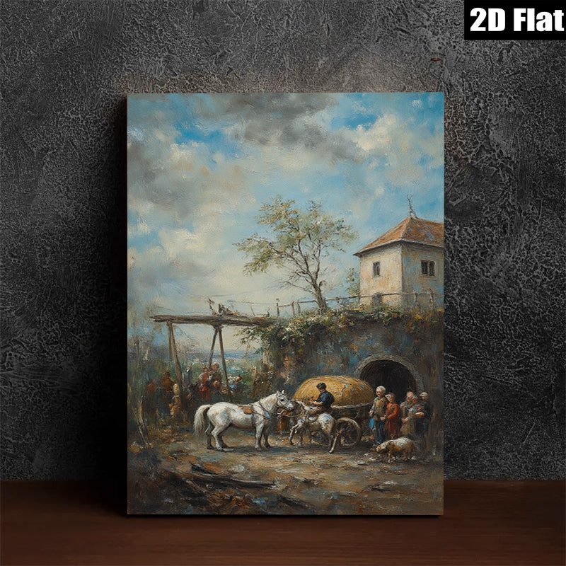 2D flat 1pc Horse Drawn Cart Village Scene Pastoral Country Wall Art Decor for Living Room Bedroom Office Gallery Wrapped Canvas Prints Farmhouse Style
