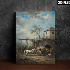 2D flat 1pc Horse Drawn Cart Village Scene Pastoral Country Wall Art Decor for Living Room Bedroom Office Gallery Wrapped Canvas Prints Farmhouse Style
