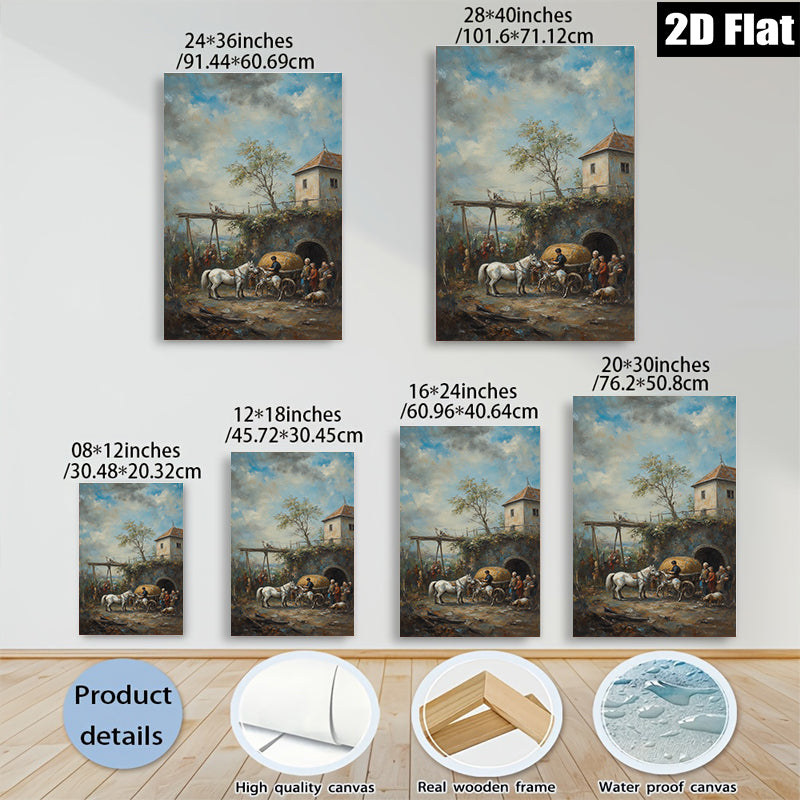 2D flat 1pc Horse Drawn Cart Village Scene Pastoral Country Wall Art Decor for Living Room Bedroom Office Gallery Wrapped Canvas Prints Farmhouse Style