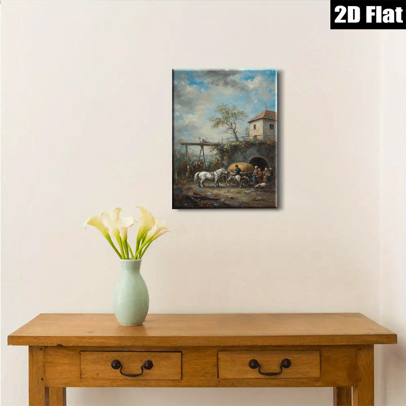 2D flat 1pc Horse Drawn Cart Village Scene Pastoral Country Wall Art Decor for Living Room Bedroom Office Gallery Wrapped Canvas Prints Farmhouse Style