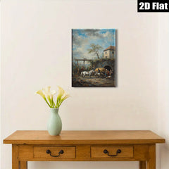 2D flat 1pc Horse Drawn Cart Village Scene Pastoral Country Wall Art Decor for Living Room Bedroom Office Gallery Wrapped Canvas Prints Farmhouse Style