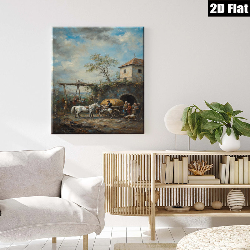 2D flat 1pc Horse Drawn Cart Village Scene Pastoral Country Wall Art Decor for Living Room Bedroom Office Gallery Wrapped Canvas Prints Farmhouse Style