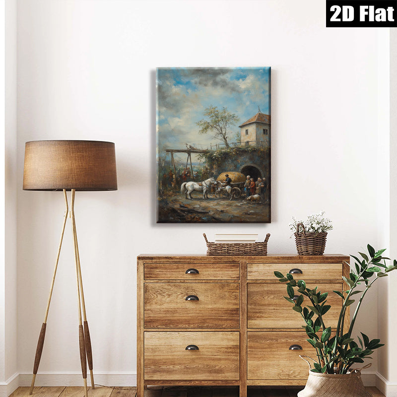 2D flat 1pc Horse Drawn Cart Village Scene Pastoral Country Wall Art Decor for Living Room Bedroom Office Gallery Wrapped Canvas Prints Farmhouse Style