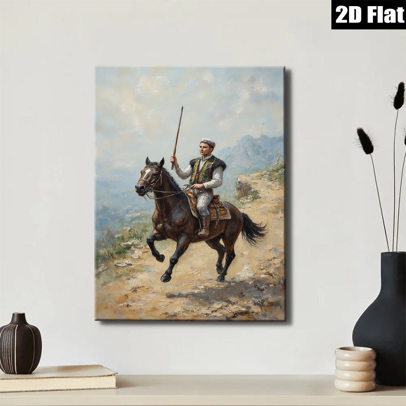 2D flat 1pc Horseback Rider Mountain Vista Canvas Wall Art For Living Room Bedroom Gallery Wrapped Modern Farmhouse Style Decor