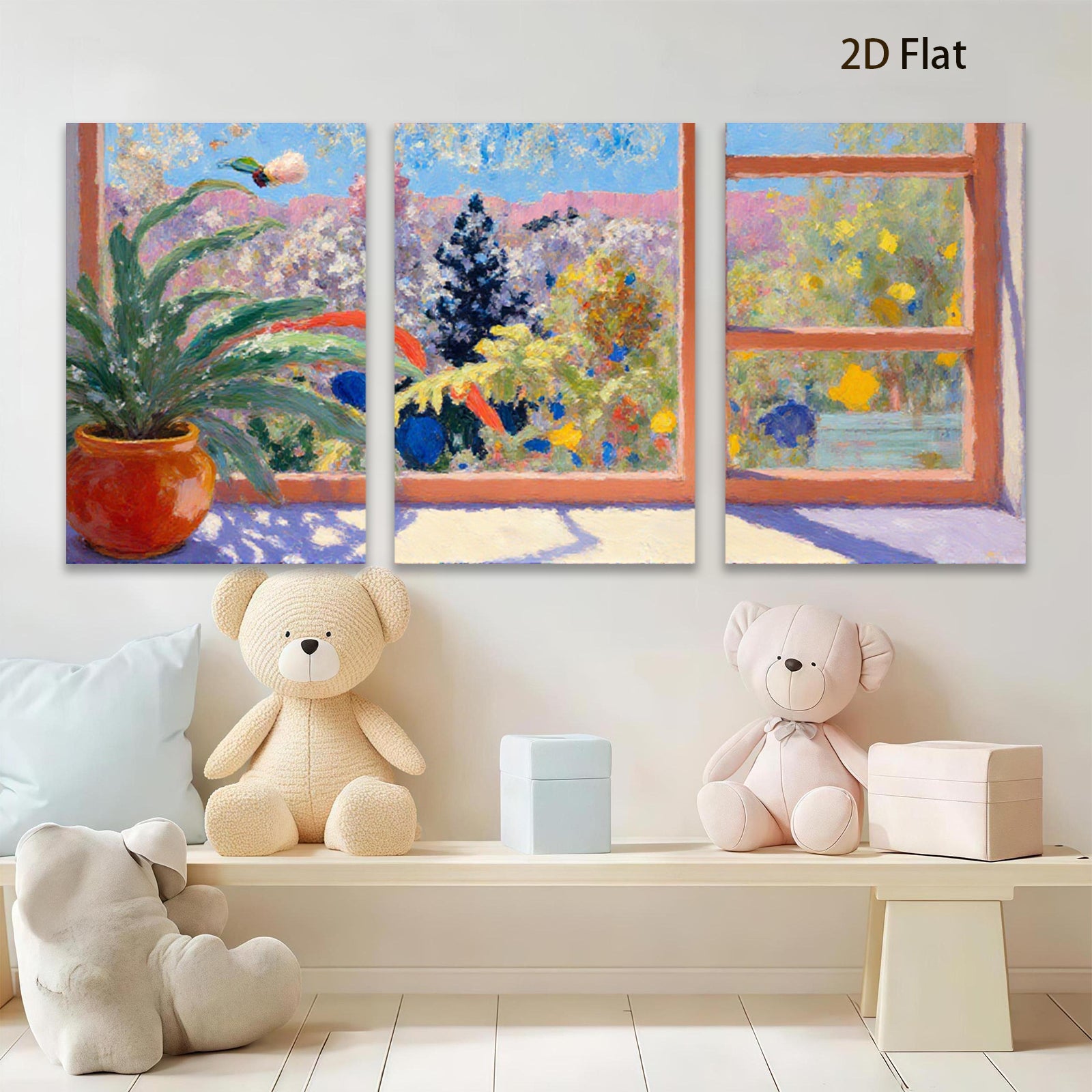 2D flat 1pc Hummingbird Garden Window View Floral Wall Art Living Room Bedroom Decor Modern Farmhouse Style Canvas Prints Ready to Hang