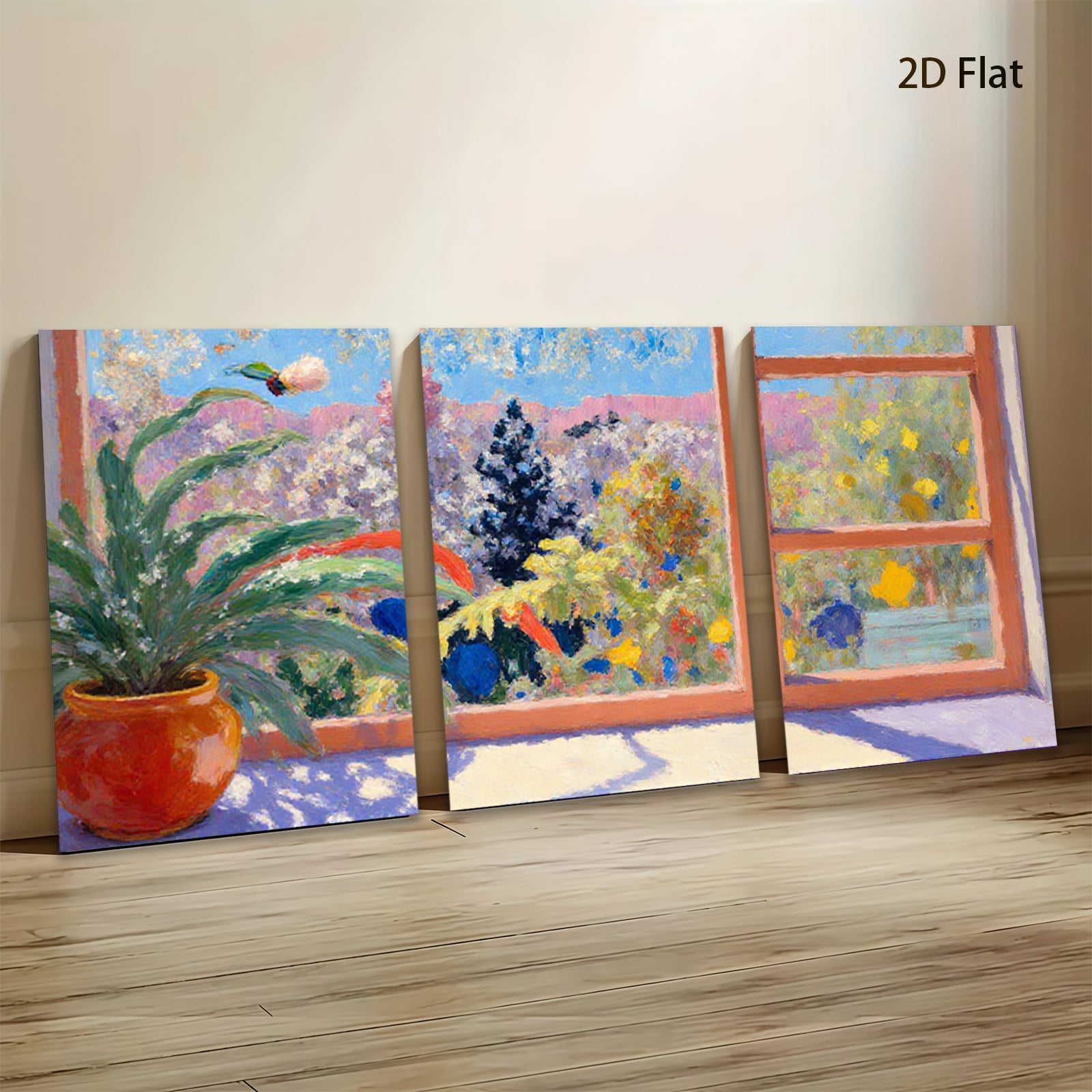 2D flat 1pc Hummingbird Garden Window View Floral Wall Art Living Room Bedroom Decor Modern Farmhouse Style Canvas Prints Ready to Hang