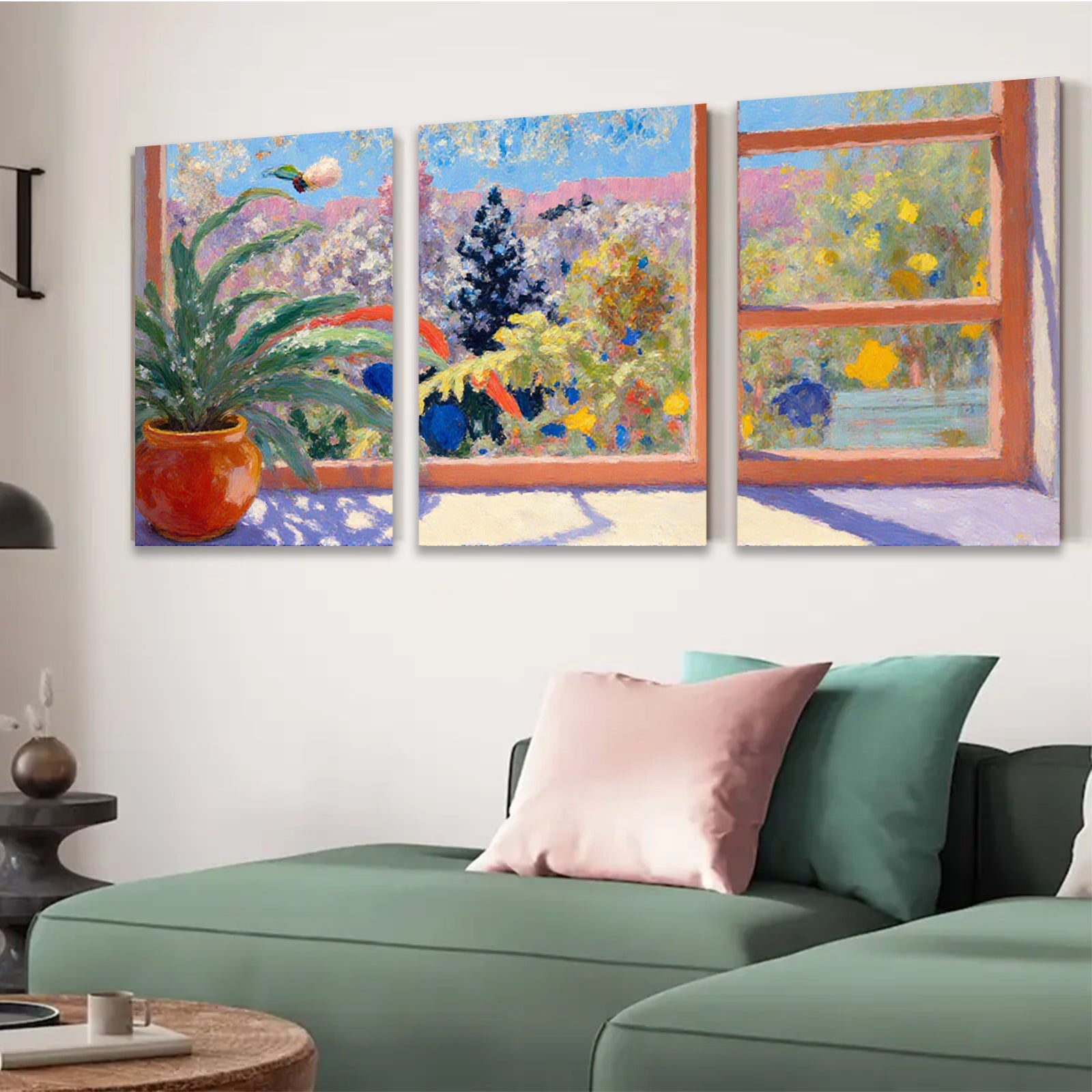 2D flat 1pc Hummingbird Garden Window View Floral Wall Art Living Room Bedroom Decor Modern Farmhouse Style Canvas Prints Ready to Hang