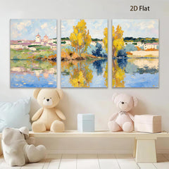 2D flat 1pc Impressionist lakeside village pastoral serene wall art for living room bedroom office gallery wrapped canvas print farmhouse decor modern minimalist style