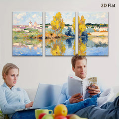 2D flat 1pc Impressionist lakeside village pastoral serene wall art for living room bedroom office gallery wrapped canvas print farmhouse decor modern minimalist style