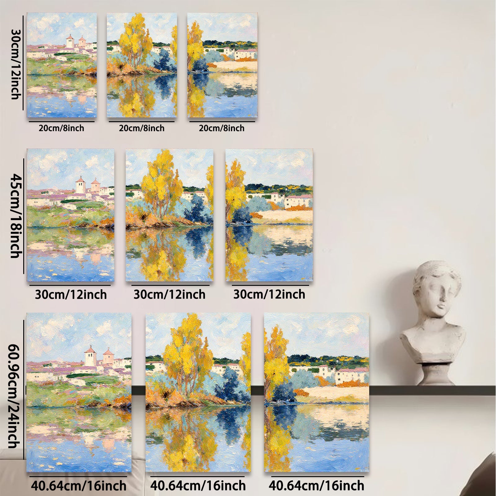 2D flat 1pc Impressionist lakeside village pastoral serene wall art for living room bedroom office gallery wrapped canvas print farmhouse decor modern minimalist style