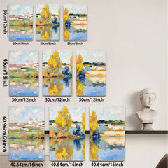 2D flat 1pc Impressionist lakeside village pastoral serene wall art for living room bedroom office gallery wrapped canvas print farmhouse decor modern minimalist style