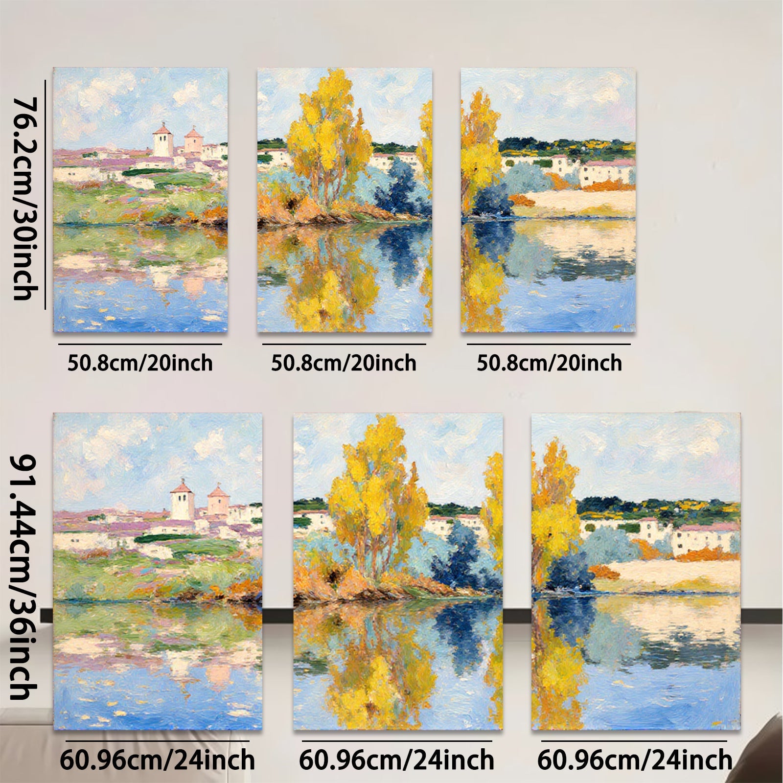 2D flat 1pc Impressionist lakeside village pastoral serene wall art for living room bedroom office gallery wrapped canvas print farmhouse decor modern minimalist style