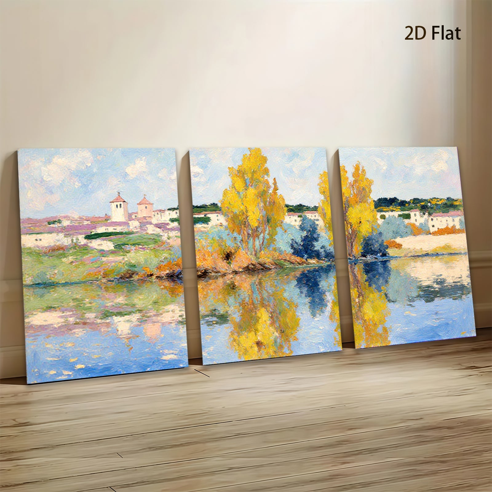 2D flat 1pc Impressionist lakeside village pastoral serene wall art for living room bedroom office gallery wrapped canvas print farmhouse decor modern minimalist style