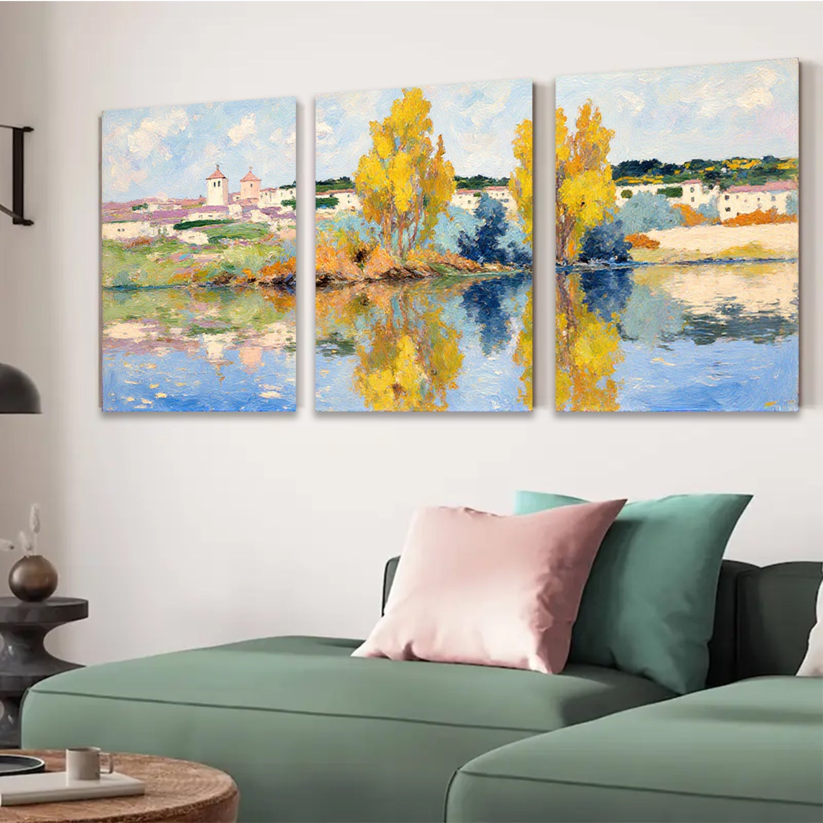 2D flat 1pc Impressionist lakeside village pastoral serene wall art for living room bedroom office gallery wrapped canvas print farmhouse decor modern minimalist style
