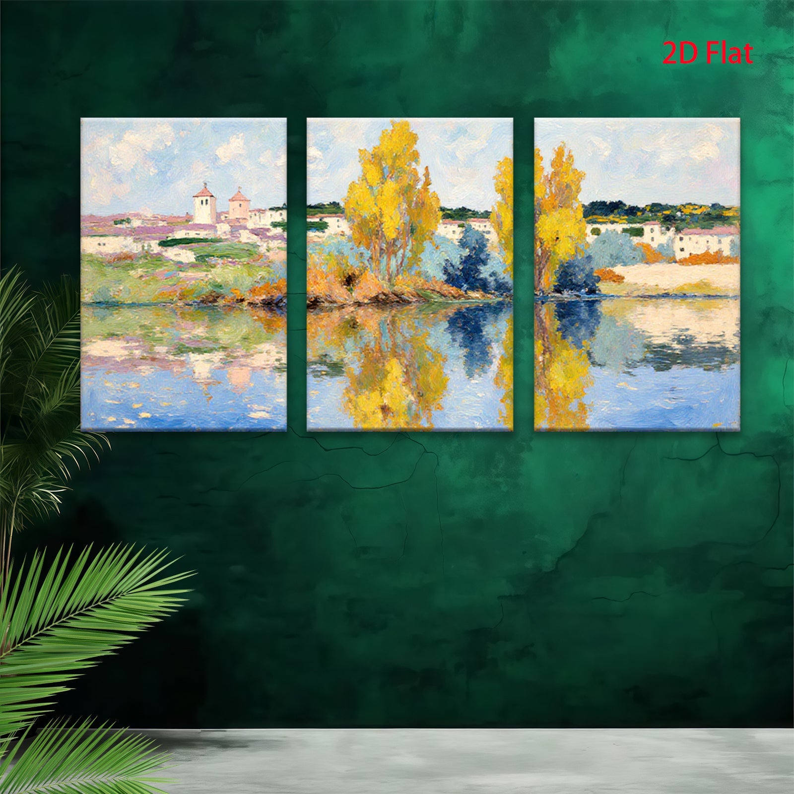 2D flat 1pc Impressionist lakeside village pastoral serene wall art for living room bedroom office gallery wrapped canvas print farmhouse decor modern minimalist style