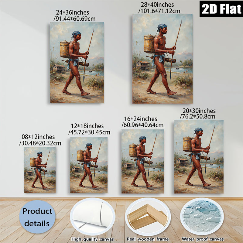 2D flat 1pc Indigenous Warrior Carrying Water Rustic Farmhouse Wall Decor Living Room Bedroom Gallery Wrapped Canvas Print Modern Art