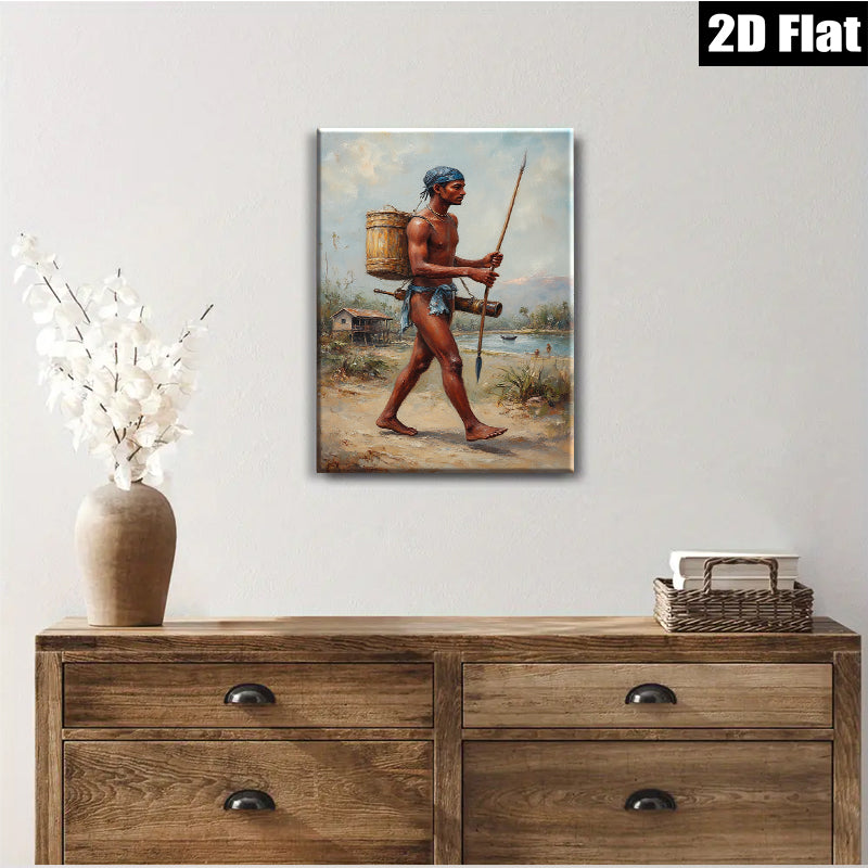 2D flat 1pc Indigenous Warrior Carrying Water Rustic Farmhouse Wall Decor Living Room Bedroom Gallery Wrapped Canvas Print Modern Art
