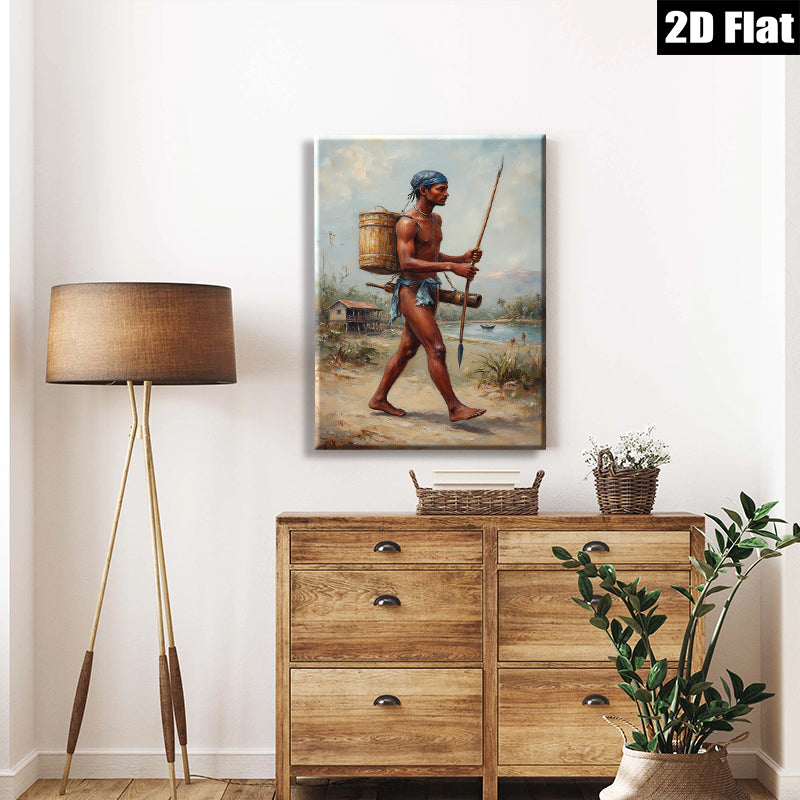 2D flat 1pc Indigenous Warrior Carrying Water Rustic Farmhouse Wall Decor Living Room Bedroom Gallery Wrapped Canvas Print Modern Art
