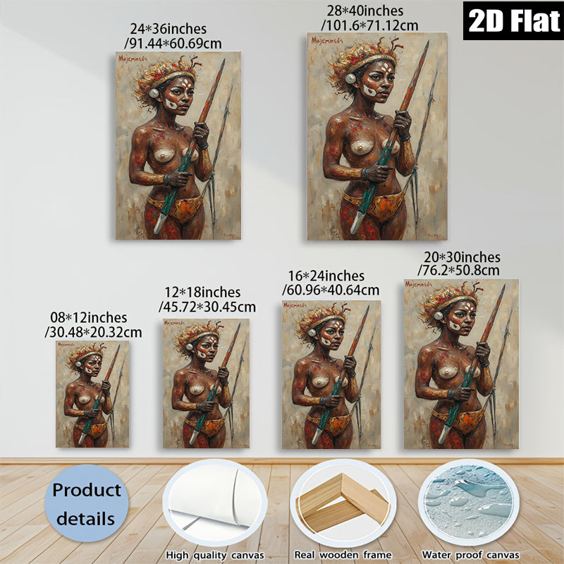 2D flat 1pc Indigenous Warrior Woman Portrait Canvas Wall Art for Living Room Bedroom Modern Farmhouse Decor Gallery Wrapped Ready to Hang