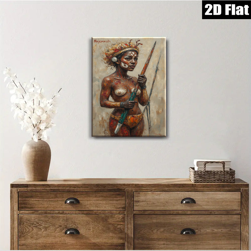 2D flat 1pc Indigenous Warrior Woman Portrait Canvas Wall Art for Living Room Bedroom Modern Farmhouse Decor Gallery Wrapped Ready to Hang