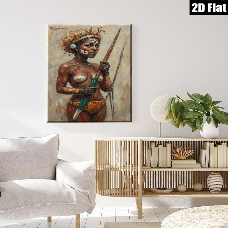 2D flat 1pc Indigenous Warrior Woman Portrait Canvas Wall Art for Living Room Bedroom Modern Farmhouse Decor Gallery Wrapped Ready to Hang