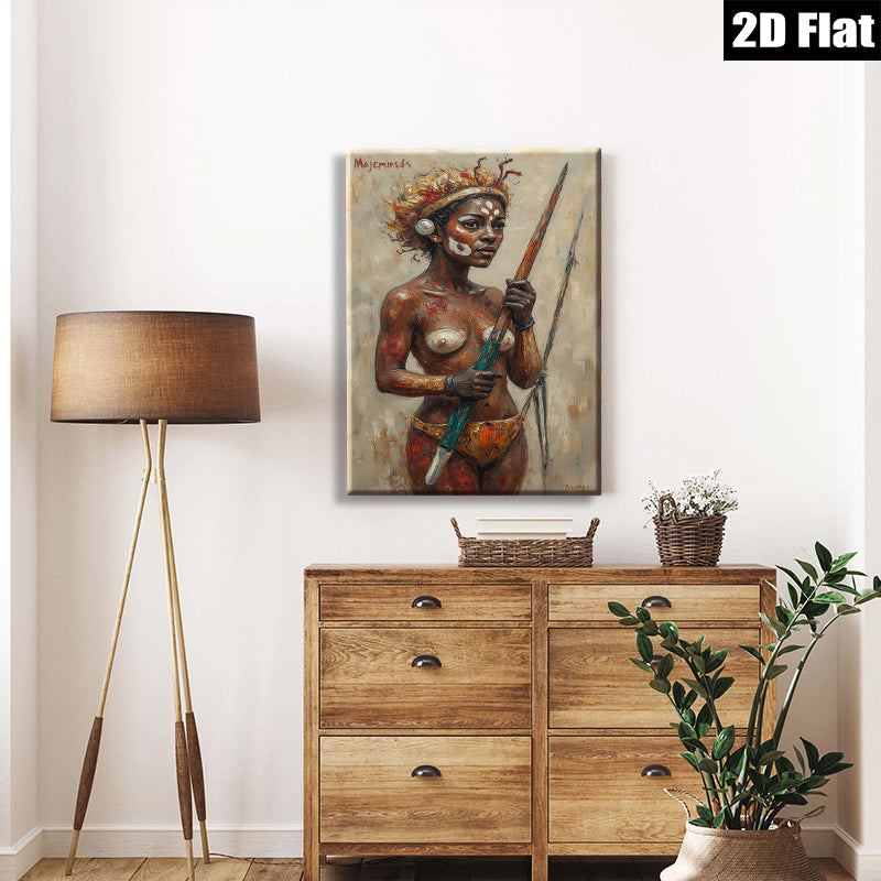 2D flat 1pc Indigenous Warrior Woman Portrait Canvas Wall Art for Living Room Bedroom Modern Farmhouse Decor Gallery Wrapped Ready to Hang