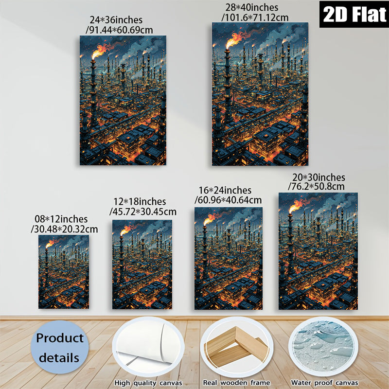 2D flat 1pc Industrial Cityscape Night View Wall Art Modern Home Decor Living Room Bedroom Canvas Prints Farmhouse Style Rustic Chic