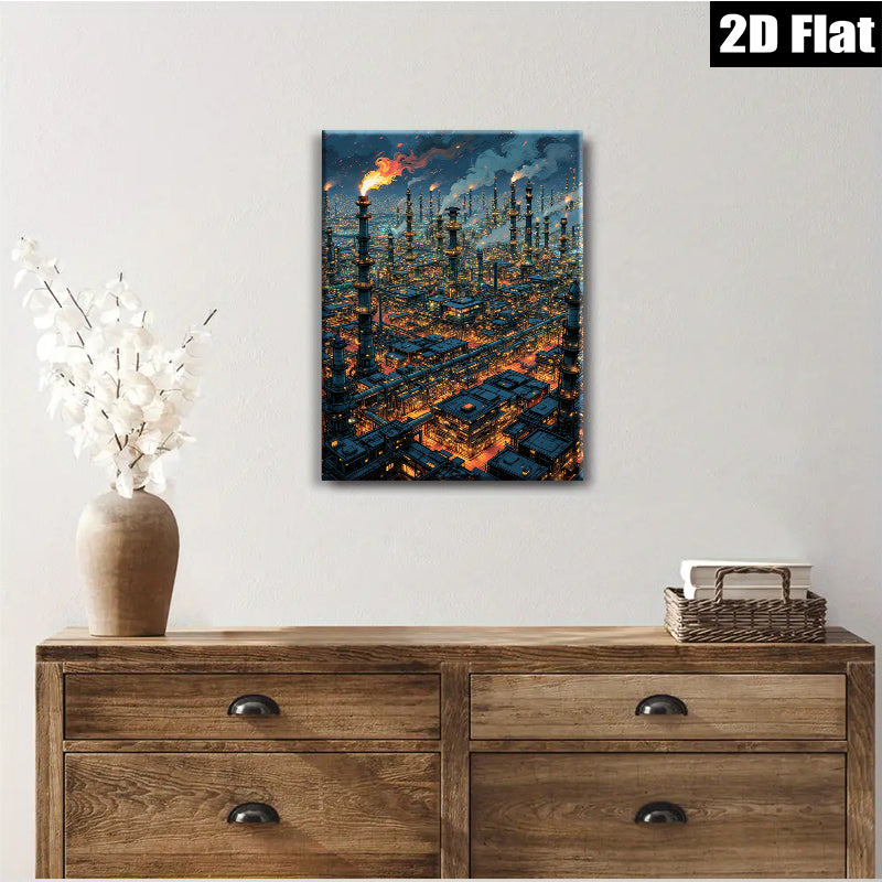 2D flat 1pc Industrial Cityscape Night View Wall Art Modern Home Decor Living Room Bedroom Canvas Prints Farmhouse Style Rustic Chic