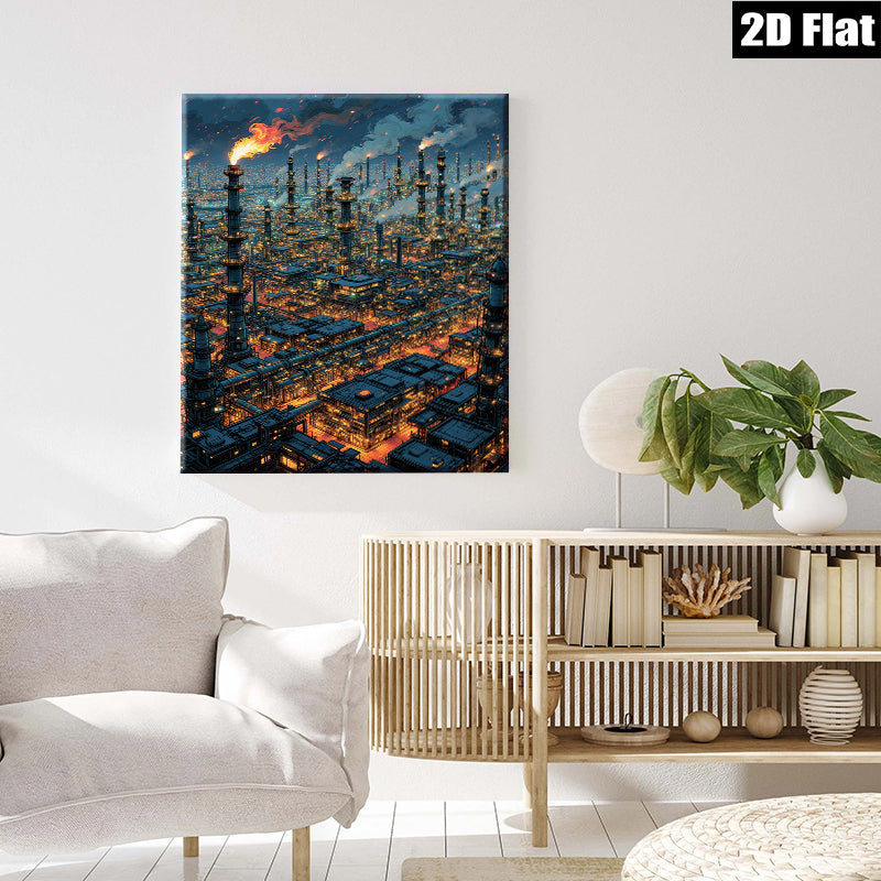 2D flat 1pc Industrial Cityscape Night View Wall Art Modern Home Decor Living Room Bedroom Canvas Prints Farmhouse Style Rustic Chic