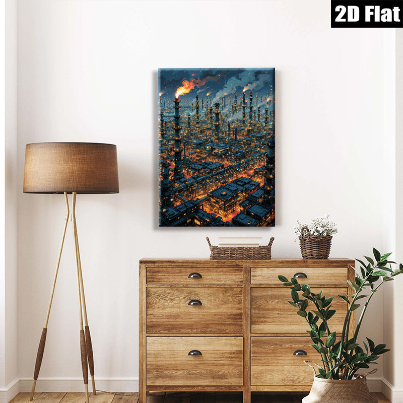 2D flat 1pc Industrial Cityscape Night View Wall Art Modern Home Decor Living Room Bedroom Canvas Prints Farmhouse Style Rustic Chic
