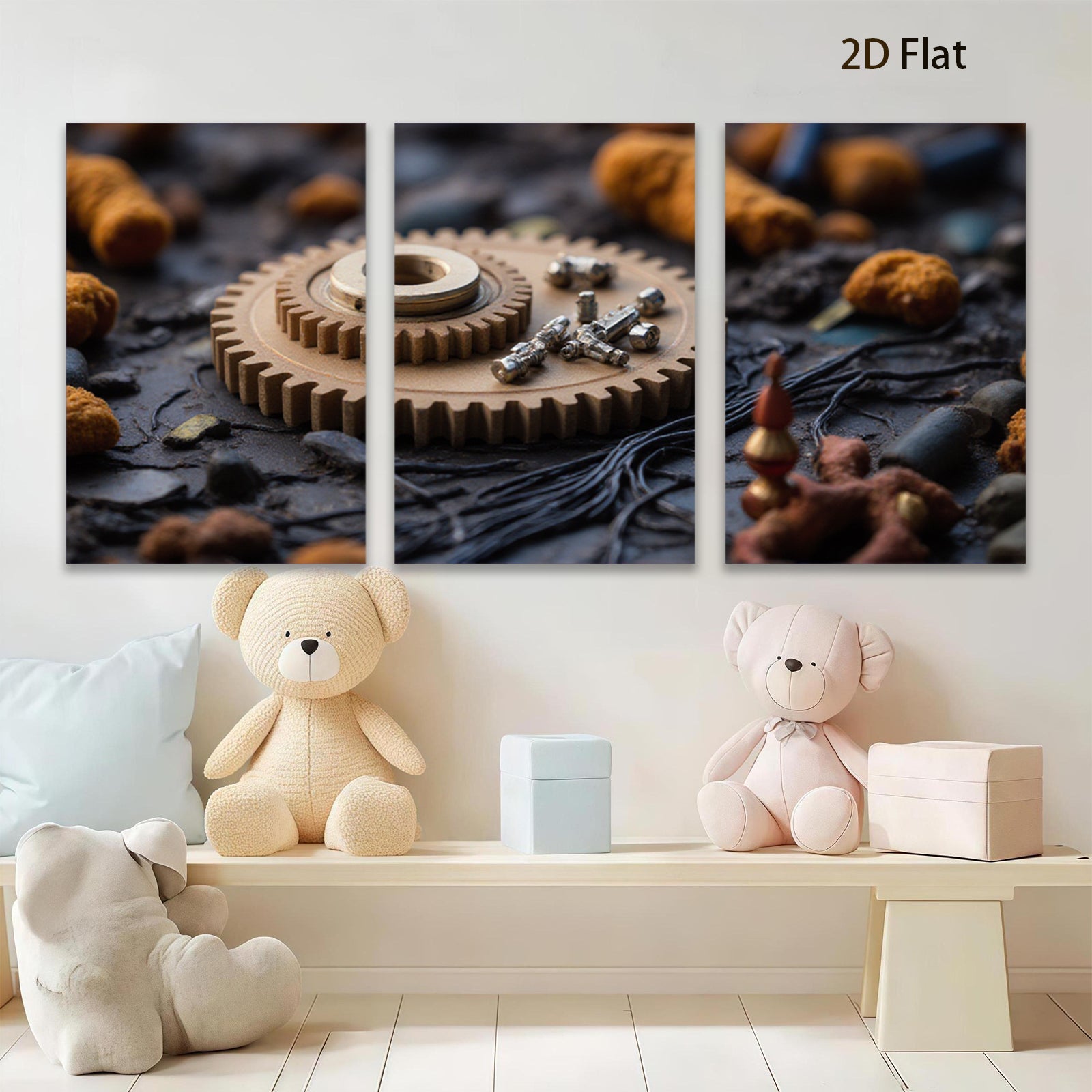 2D flat 1pc Industrial Gear Still Life Rustic Metal Texture Wall Art Decor Living Room Bedroom Modern Farmhouse Gallery Wrapped Canvas Print Ready to Hang