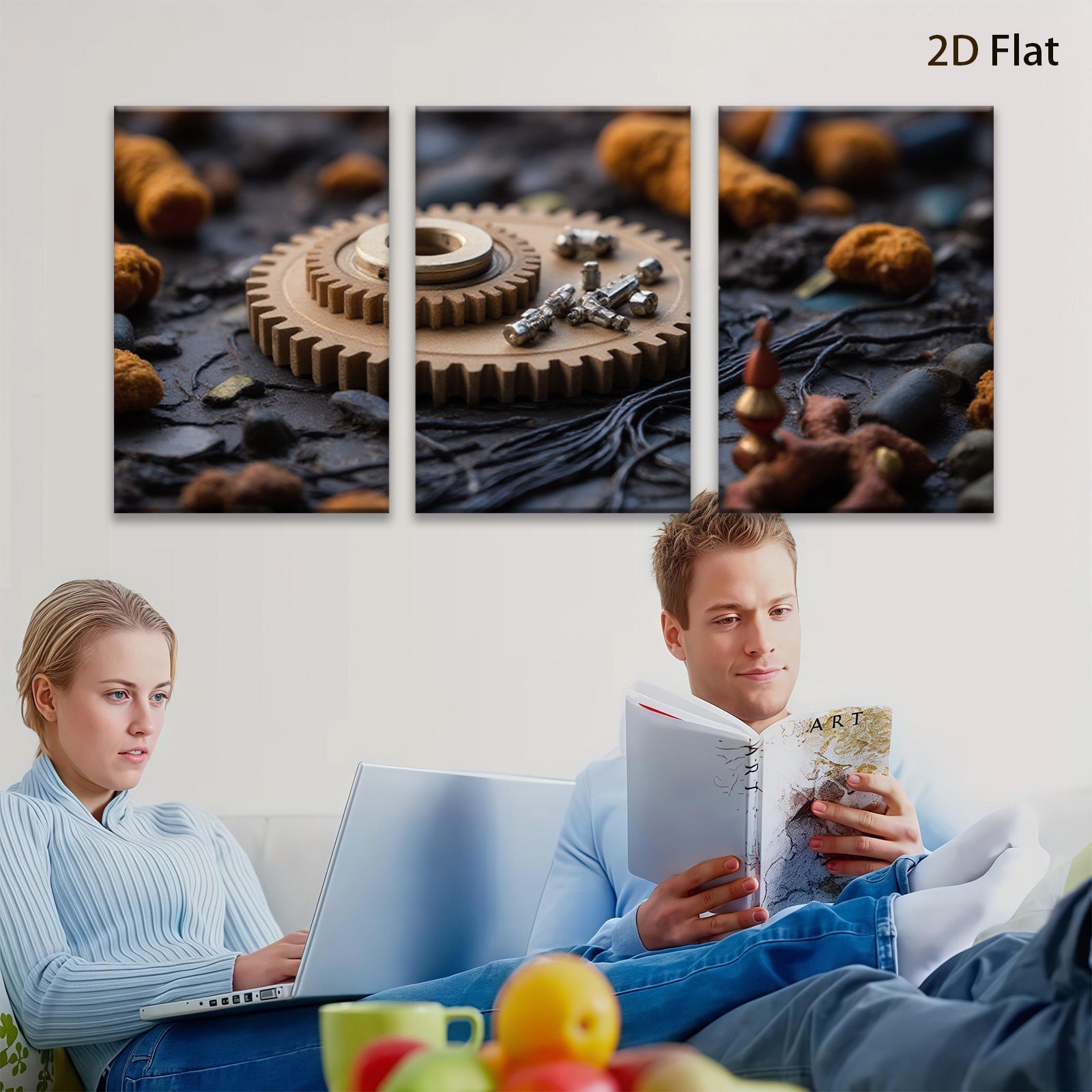 2D flat 1pc Industrial Gear Still Life Rustic Metal Texture Wall Art Decor Living Room Bedroom Modern Farmhouse Gallery Wrapped Canvas Print Ready to Hang