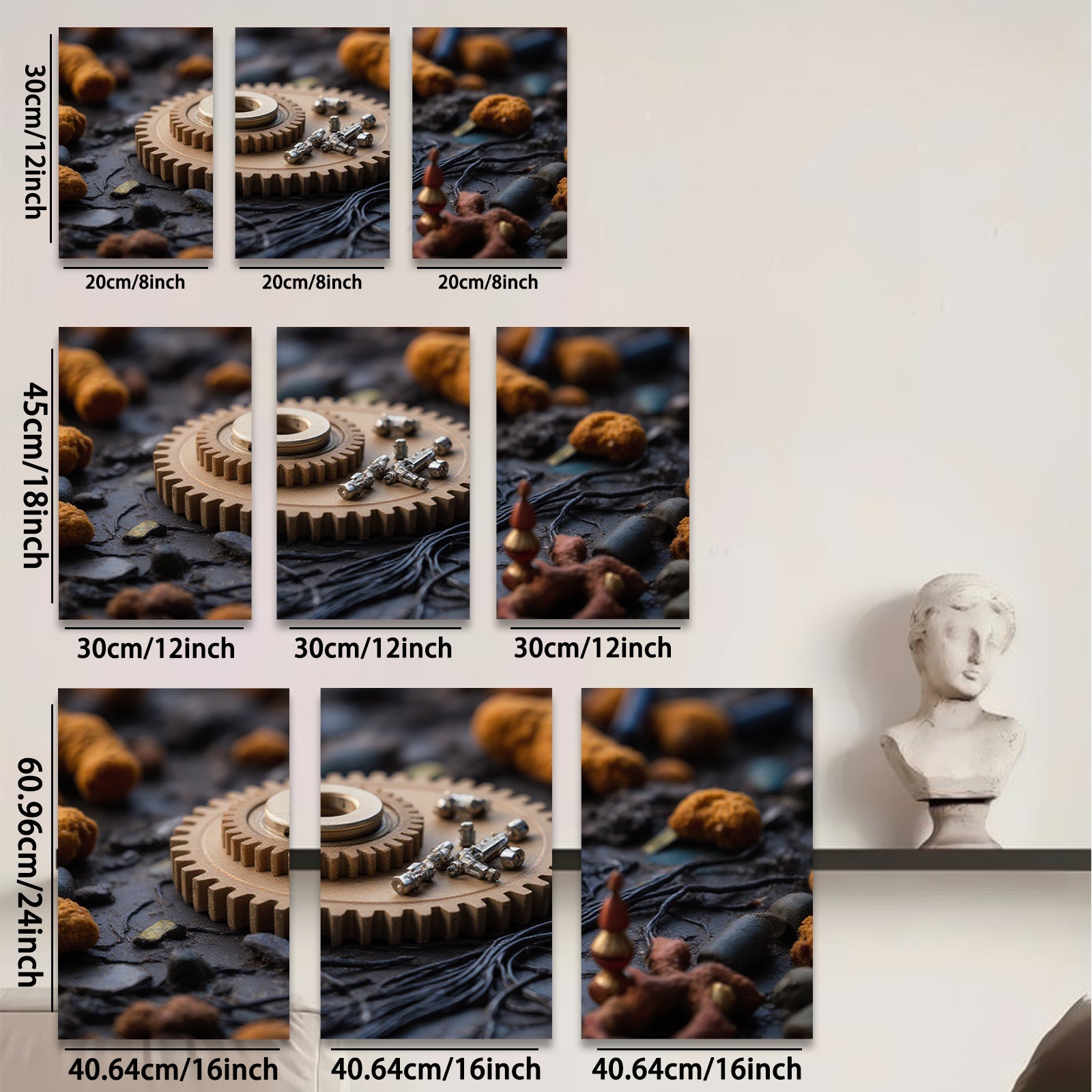 2D flat 1pc Industrial Gear Still Life Rustic Metal Texture Wall Art Decor Living Room Bedroom Modern Farmhouse Gallery Wrapped Canvas Print Ready to Hang