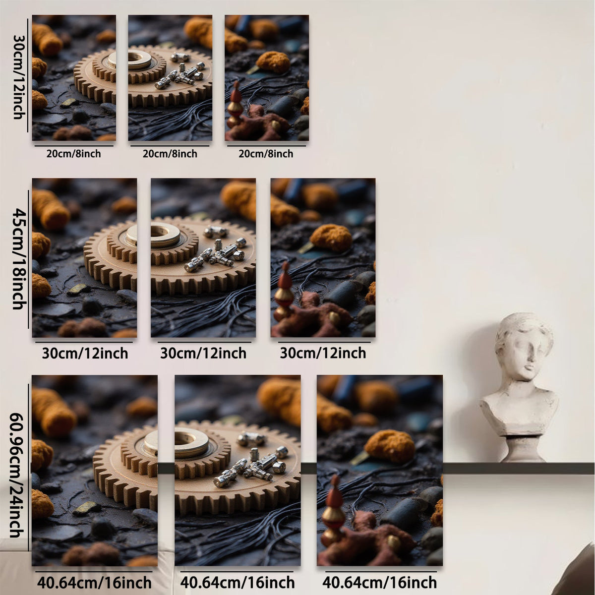 2D flat 1pc Industrial Gear Still Life Rustic Metal Texture Wall Art Decor Living Room Bedroom Modern Farmhouse Gallery Wrapped Canvas Print Ready to Hang