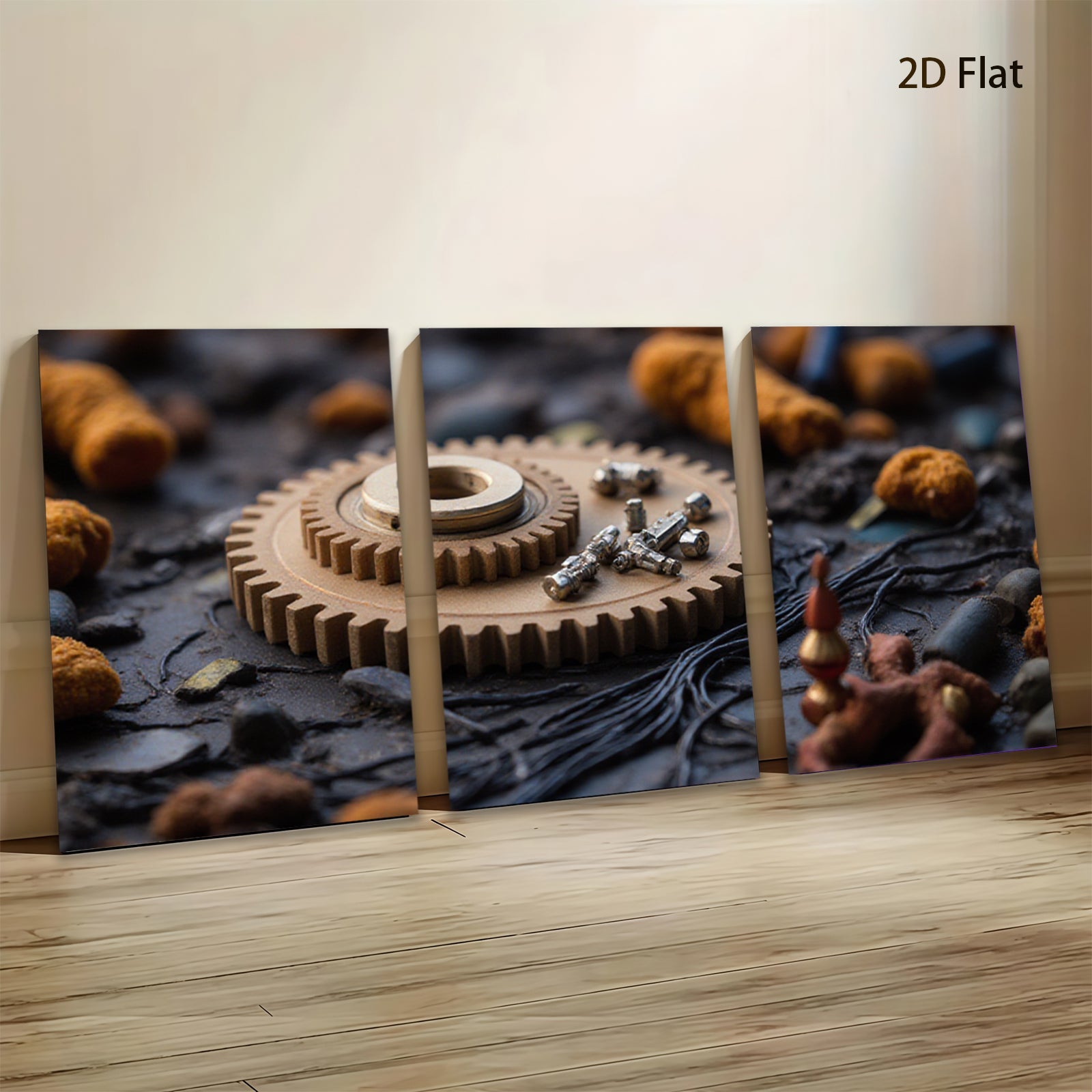 2D flat 1pc Industrial Gear Still Life Rustic Metal Texture Wall Art Decor Living Room Bedroom Modern Farmhouse Gallery Wrapped Canvas Print Ready to Hang