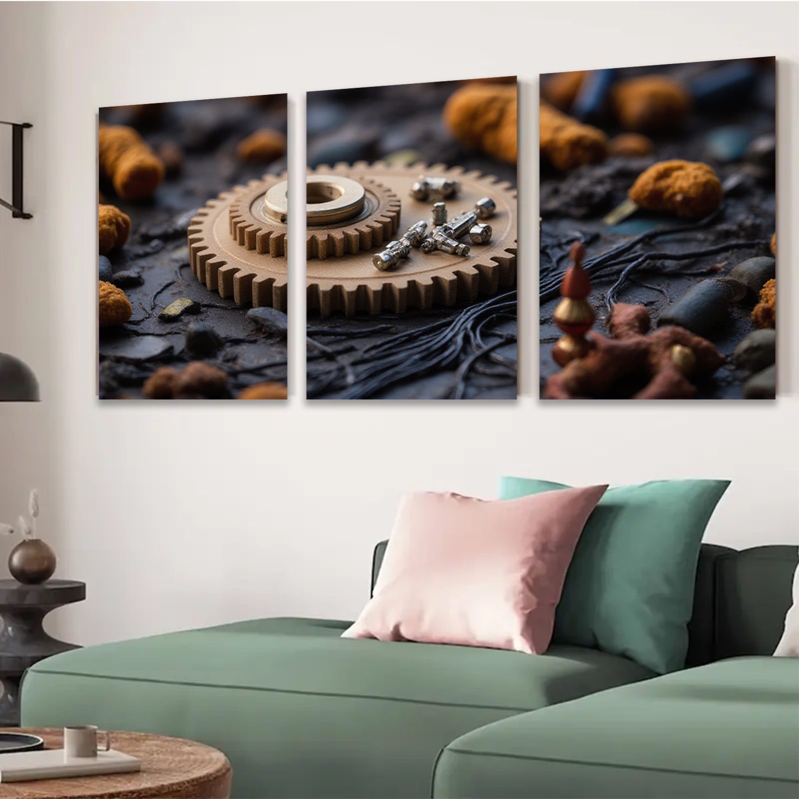 2D flat 1pc Industrial Gear Still Life Rustic Metal Texture Wall Art Decor Living Room Bedroom Modern Farmhouse Gallery Wrapped Canvas Print Ready to Hang