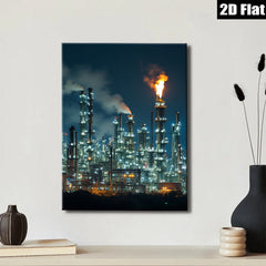 2D flat 1pc Industrial Nightscape Refinery Towers Glowing Flames Modern Wall Art Living Room Bedroom Decor Gallery Wrapped Canvas Print Coastal Farmhouse Style